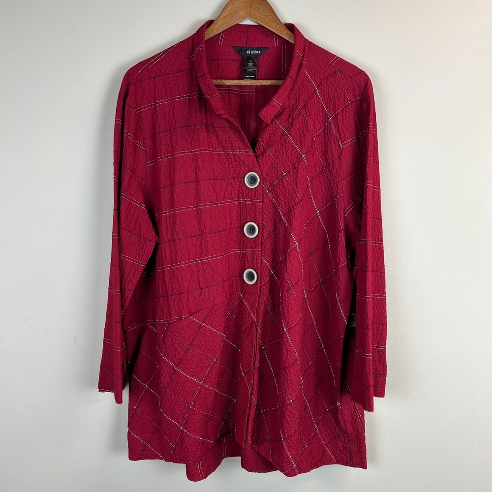 Ali Miles Tunic Top Shirt Womens XL Red Button Up Pockets Lagenlook Artsy New